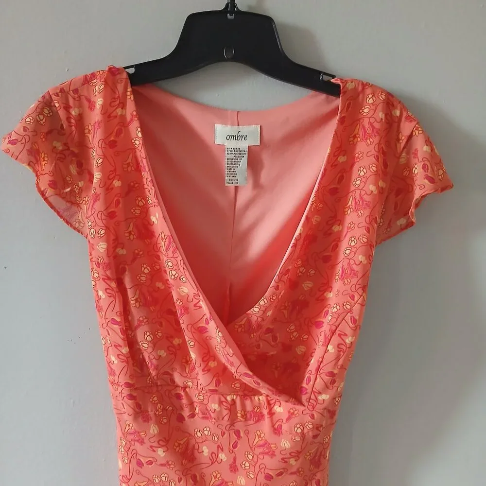 Ombre Womens Floral Ruffle Midi Dress Orange Short Sleeve Vneck Tie back Size 16 - Picture 4 of 9